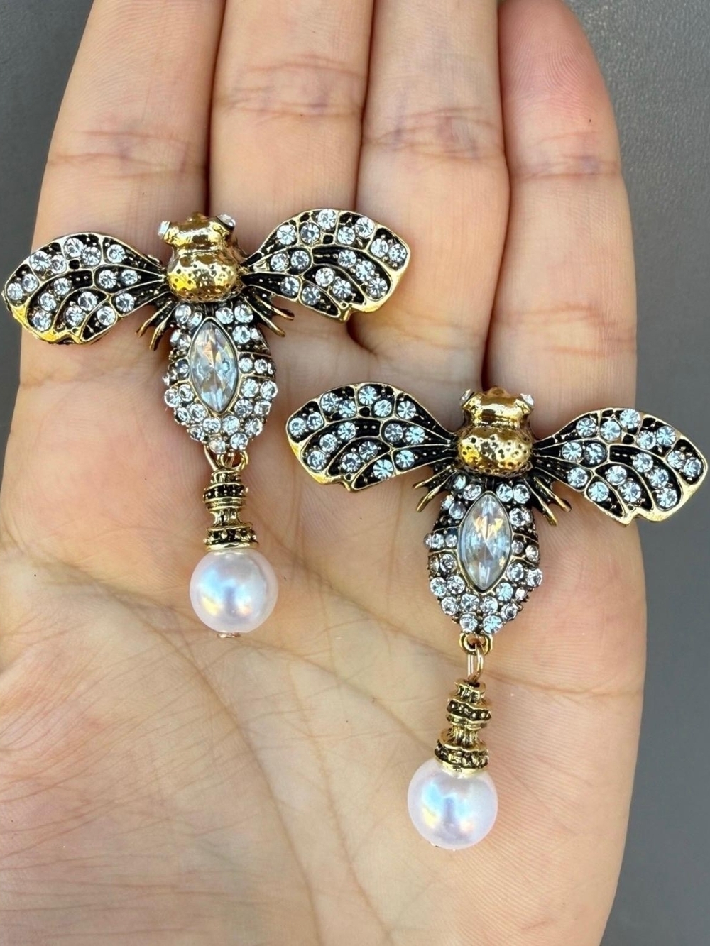 Gold Crystal Bee Drop Earrings with Pearl - Picture 2 of 3